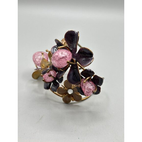 Floral Cuff Bracelet Crackled Glass Rhinestones & Enamels Statement Bracelet - Picture 5 of 12
